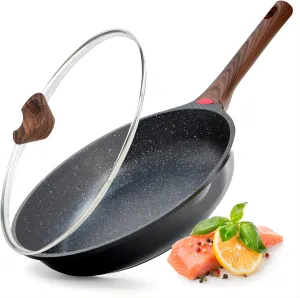 Nonstick Frying Pan Skillet with Lid, 12 in No Stick PFOA-Free Granite Coating Chef's Pan, Large 30 cm Cooking Pans for Family, Gift Cookware Pan Set for Gas Stove, Induction Top