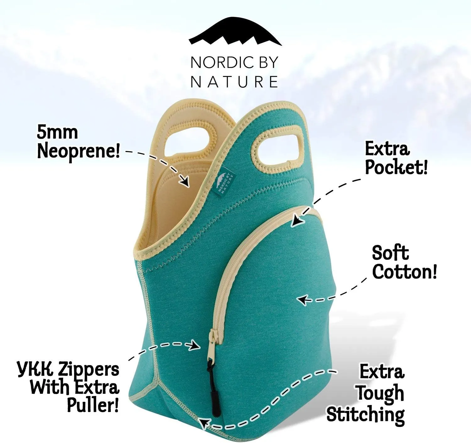 Nordic By Nature Insulated Neoprene Lunch Bag, Soft & Foldable Washable & Reusable Extra-Pocket (L) Lagoon