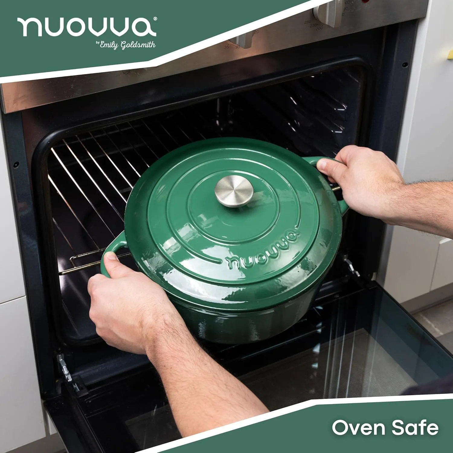 Nuovva Enamelled Cast Iron Dutch Oven Pot with Lid – 6.4 Quart Non Stick Casserole Pot – Heavy Duty & Oven Safe up to 500° F for Bread Baking, Braising, Stews, Roasting – 28cm Dark Green