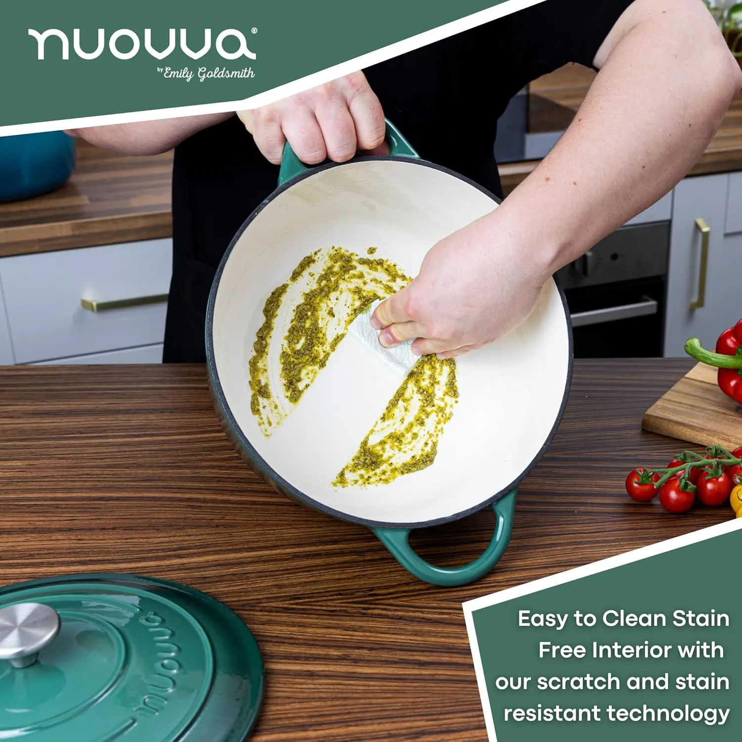 Nuovva Enamelled Cast Iron Dutch Oven Pot with Lid – 6.4 Quart Non Stick Casserole Pot – Heavy Duty & Oven Safe up to 500° F for Bread Baking, Braising, Stews, Roasting – 28cm Dark Green