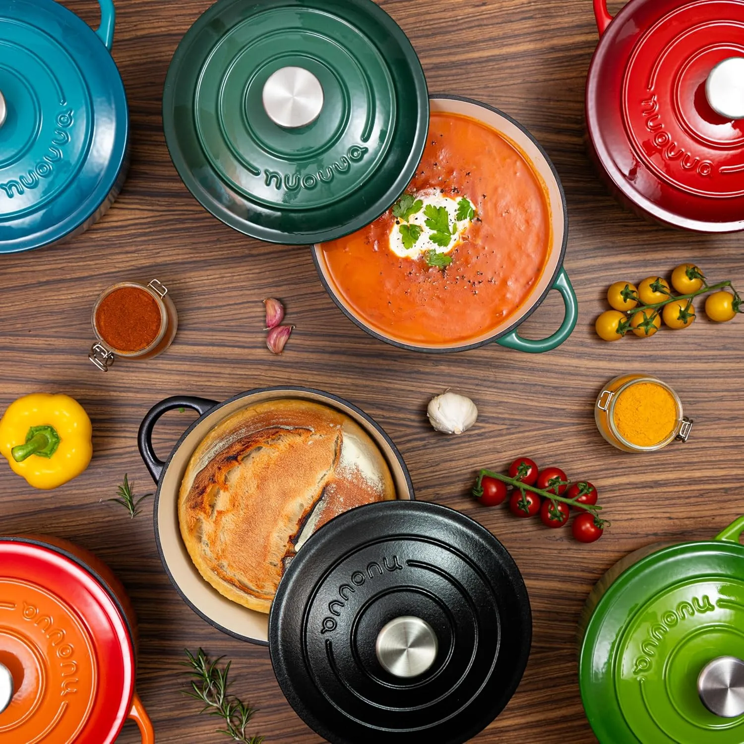Nuovva Enamelled Cast Iron Dutch Oven Pot with Lid – 6.4 Quart Non Stick Casserole Pot – Heavy Duty & Oven Safe up to 500° F for Bread Baking, Braising, Stews, Roasting – 28cm Dark Green