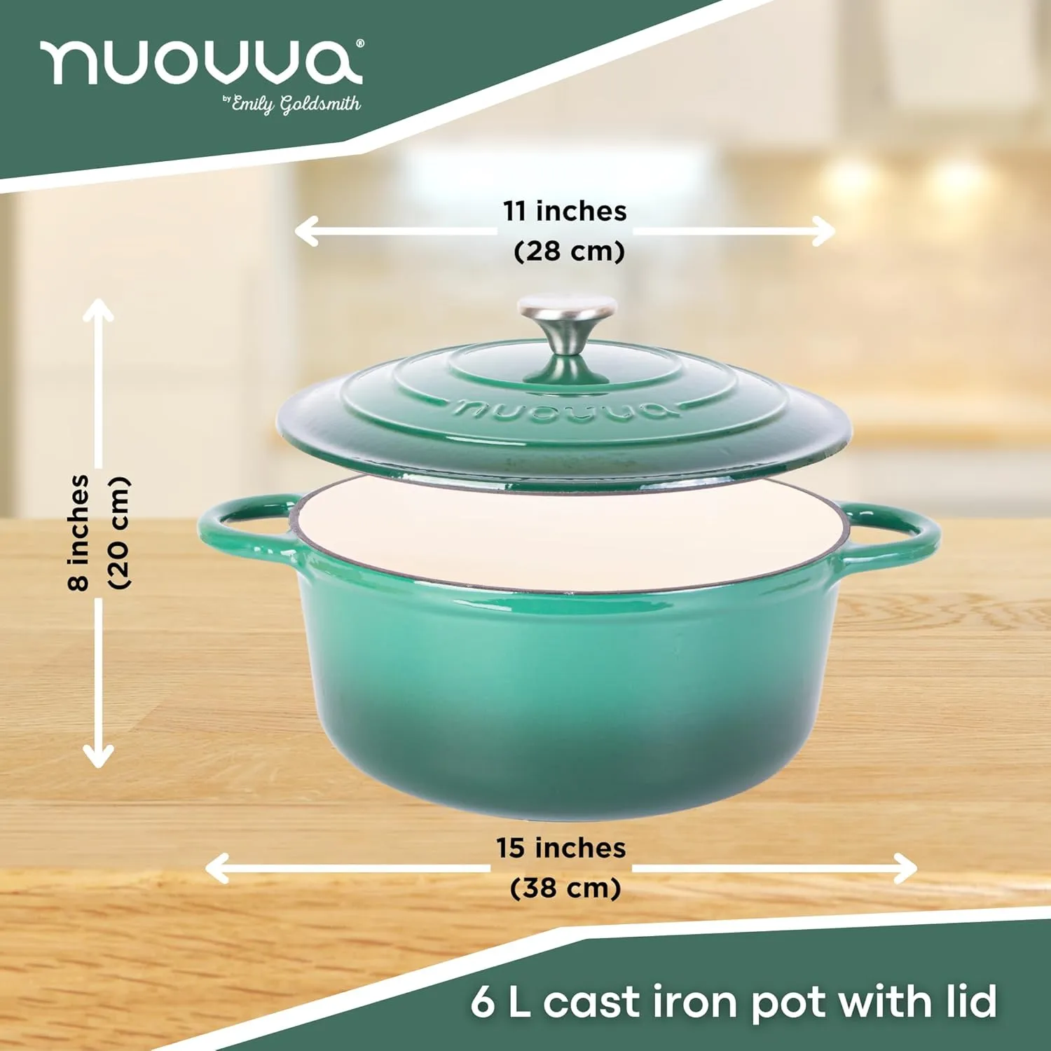 Nuovva Enamelled Cast Iron Dutch Oven Pot with Lid – 6.4 Quart Non Stick Casserole Pot – Heavy Duty & Oven Safe up to 500° F for Bread Baking, Braising, Stews, Roasting – 28cm Dark Green