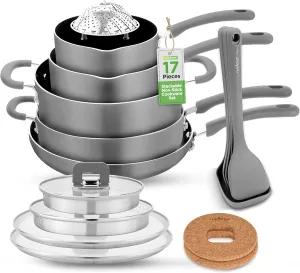 NutriChef 17-Piece Space Saver Cookware Set - Gray Non Stick Pots and Pans with Stackable Design, Foldable Handles, Induction Ready