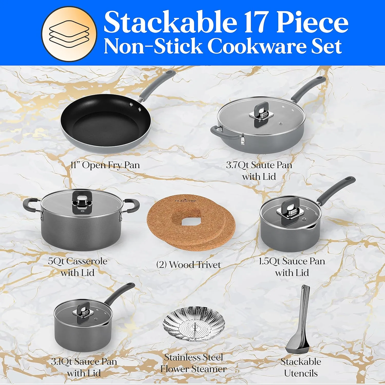 NutriChef 17-Piece Space Saver Cookware Set - Gray Non Stick Pots and Pans with Stackable Design, Foldable Handles, Induction Ready