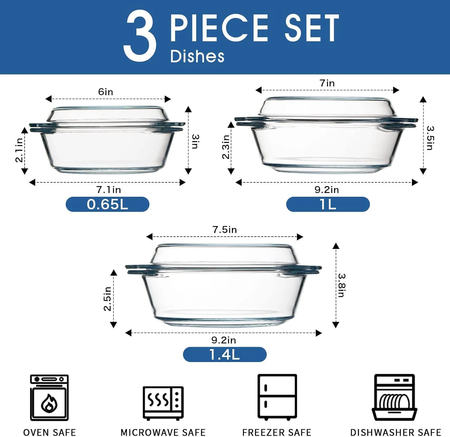 NUTRIUPS Round Glass Casserole Dish Set, Glass Casseroles Cookware with Glass Lid, Glass Casserole Dish With Lid(Set of 3-0.65L 1L 1.4L)