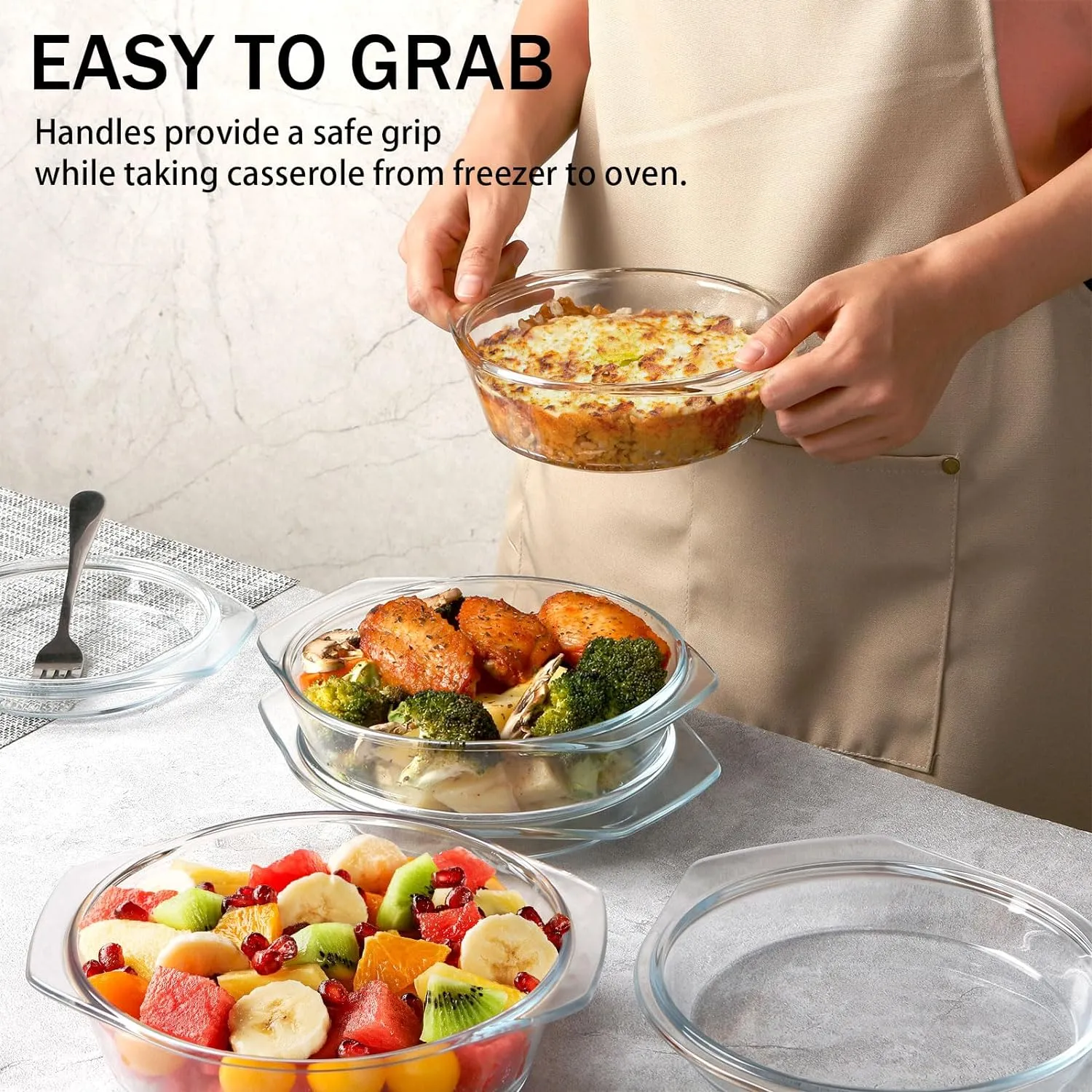 NUTRIUPS Round Glass Casserole Dish Set, Glass Casseroles Cookware with Glass Lid, Glass Casserole Dish With Lid(Set of 3-0.65L 1L 1.4L)