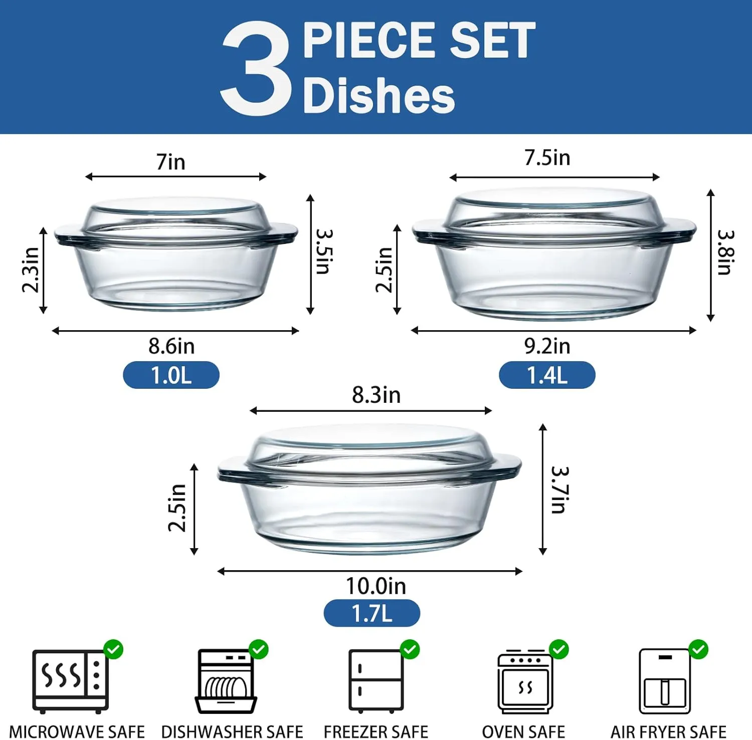 NUTRIUPS Round Glass Casserole Dish Set, Glass Casseroles Cookware with Lid, Set of 3 (1L, 1.4L, 1.7L)
