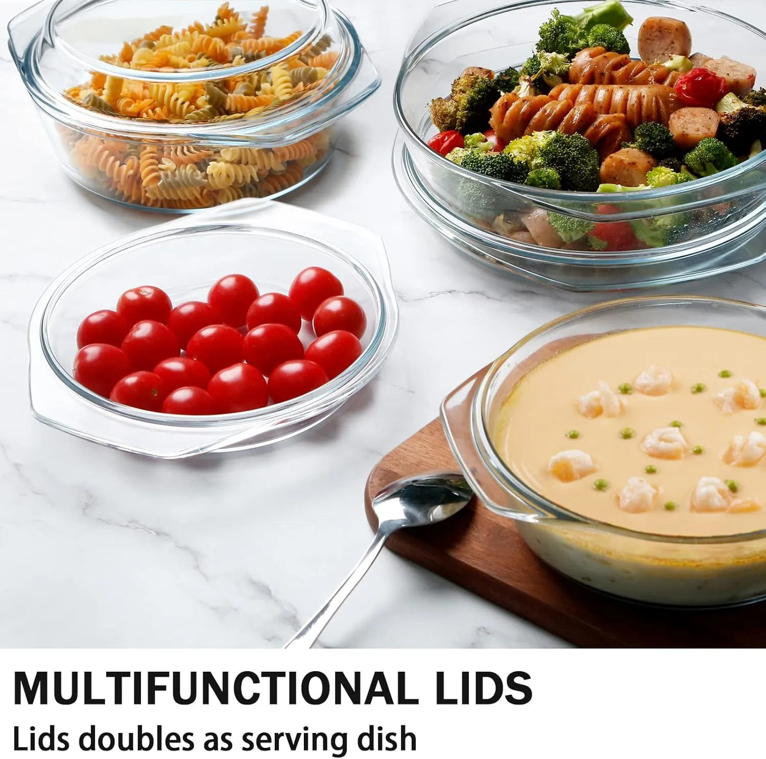 NUTRIUPS Round Glass Casserole Dish Set, Glass Casseroles Cookware with Lid, Set of 3 (1L, 1.4L, 1.7L)