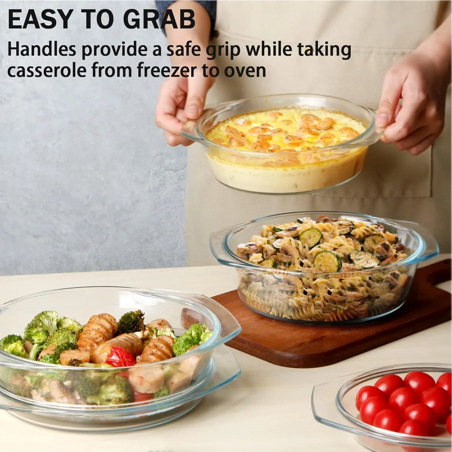 NUTRIUPS Round Glass Casserole Dish Set, Glass Casseroles Cookware with Lid, Set of 3 (1L, 1.4L, 1.7L)