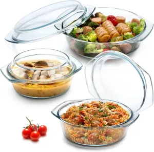 NUTRIUPS Round Glass Casserole Dish Set, Glass Casseroles Cookware with Lid, Set of 3 (1L, 1.4L, 1.7L)