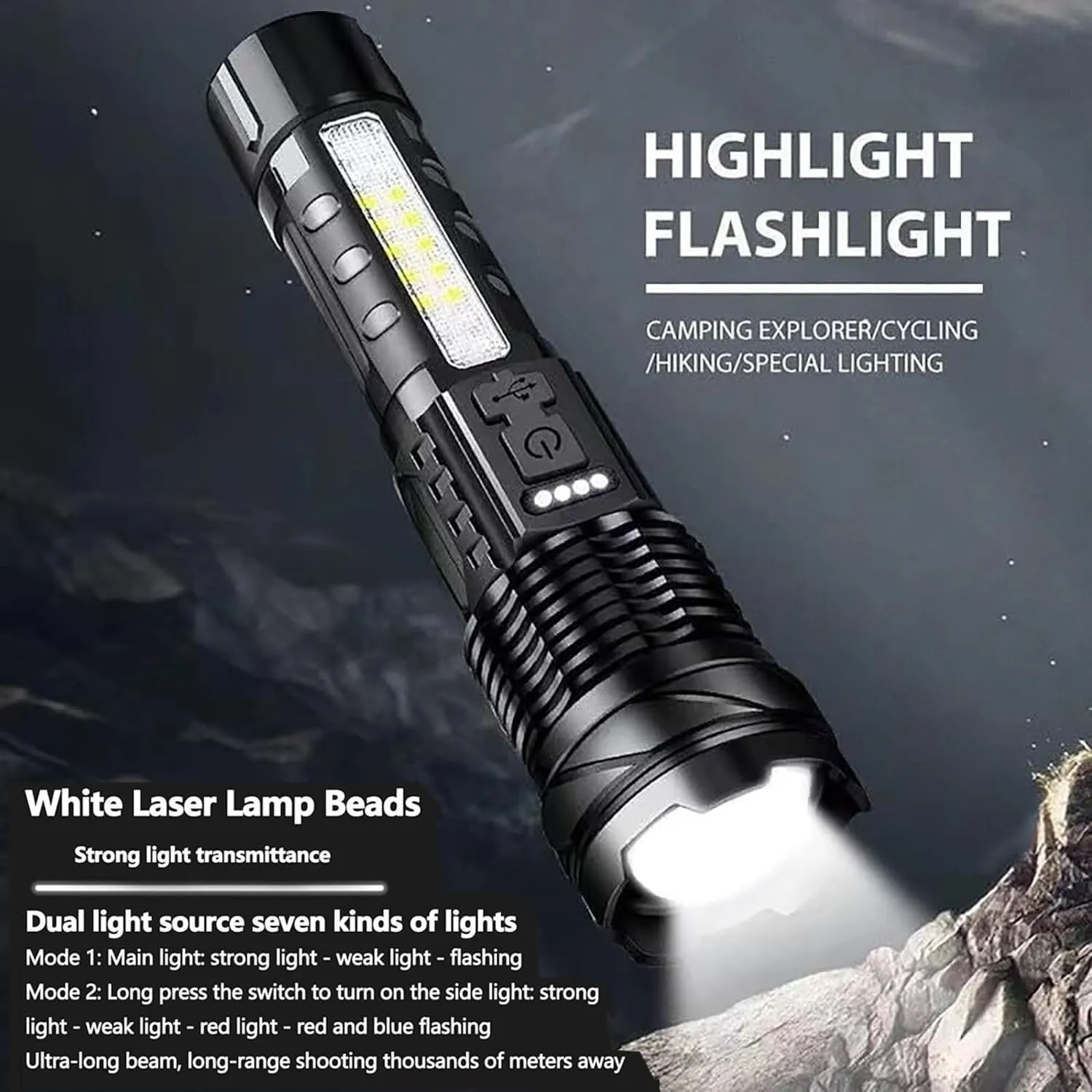 Observatioy Flashlight, Observatioy Outdoor Lighting White Laser Flashlight, Observation Flashlight with Cob Warning Side Work Light, Flashlights Battery Powered, Led Flashlight Rechargeable (2)