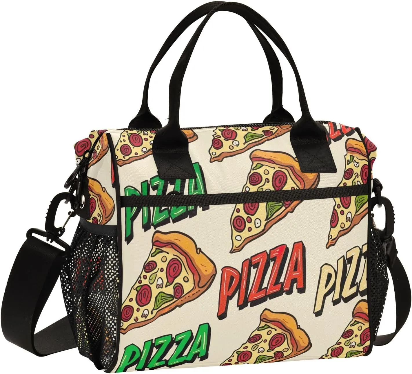 ODAWA Pizza Beige Red Lunch Box Bag with Adjustable Shoulder Strap, Ladies Lunch Bags for Work