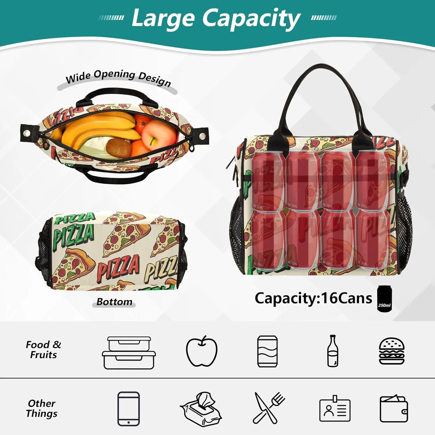 ODAWA Pizza Beige Red Lunch Box Bag with Adjustable Shoulder Strap, Ladies Lunch Bags for Work
