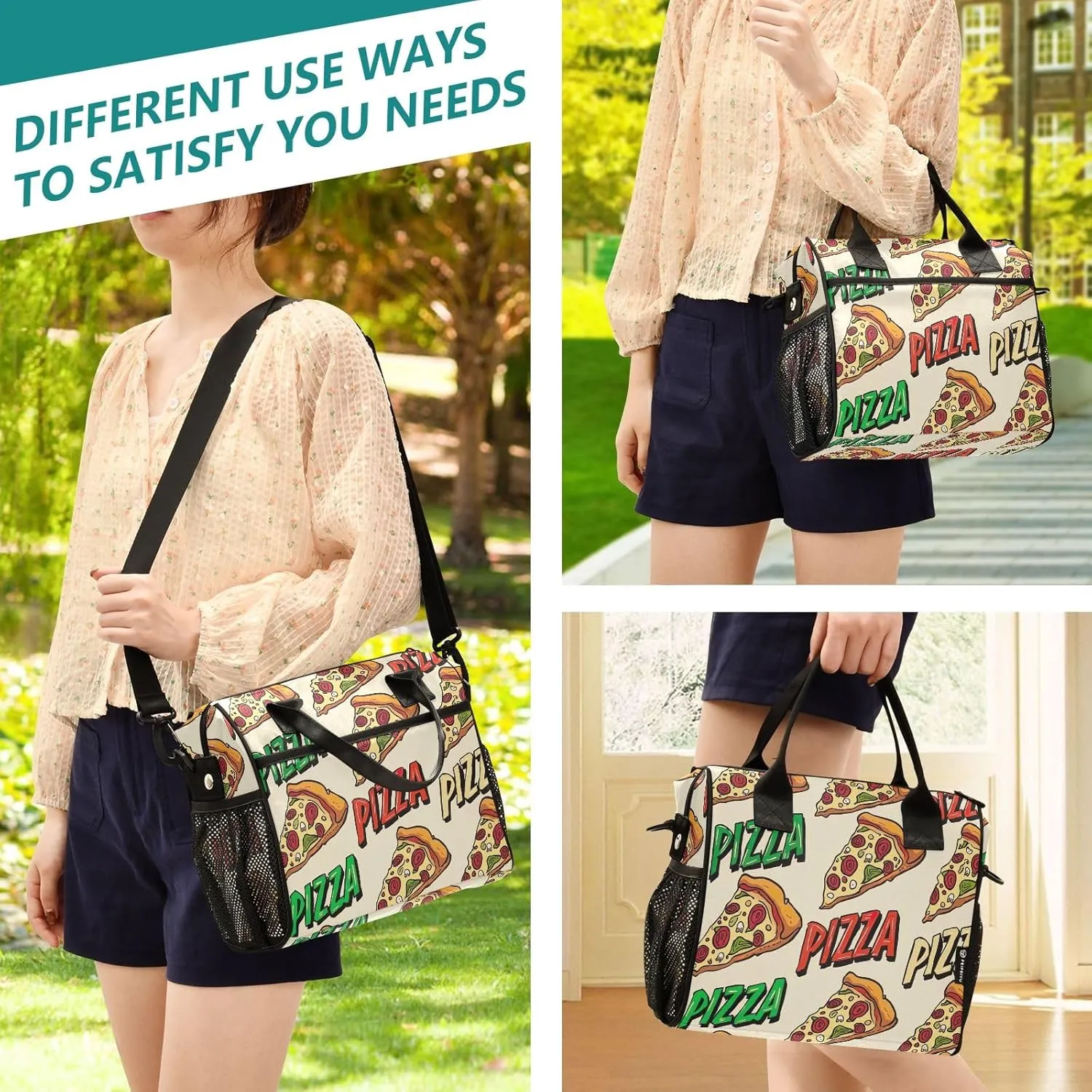 ODAWA Pizza Beige Red Lunch Box Bag with Adjustable Shoulder Strap, Ladies Lunch Bags for Work