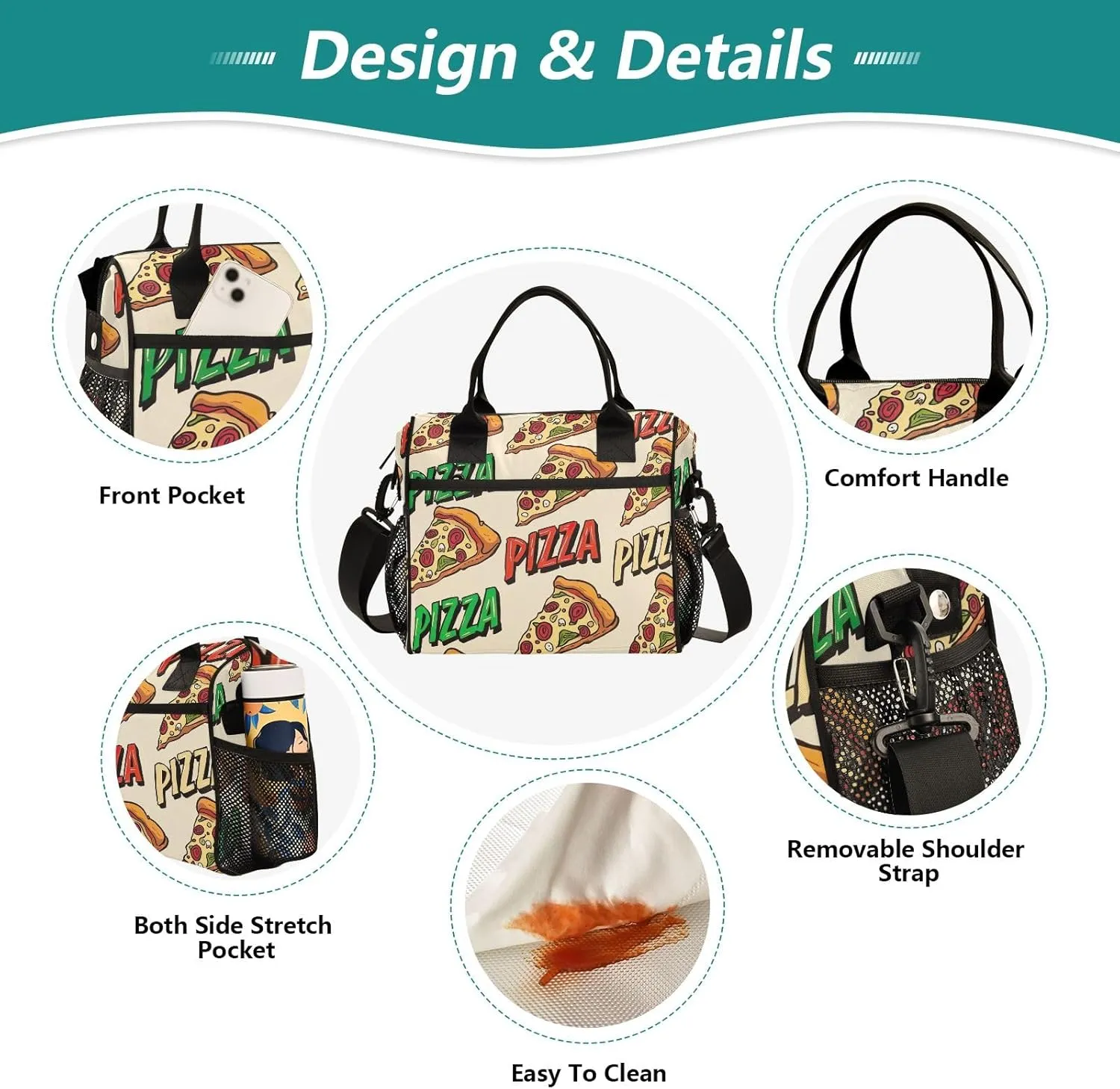 ODAWA Pizza Beige Red Lunch Box Bag with Adjustable Shoulder Strap, Ladies Lunch Bags for Work