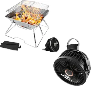Odoland Bundle – 2 Items 304 Premium Stainless Steel Folding Campfire Grill and 10000mAh Camping Fan with Hanging Hook