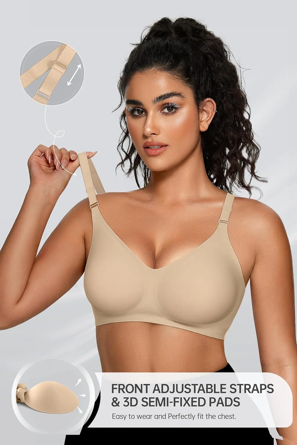 OEAK Womens Seamless Bras Comfortable Bra No Underwire Full Support Bralette Push Up Plus Size V Neck Sleeping Tshirt Bras