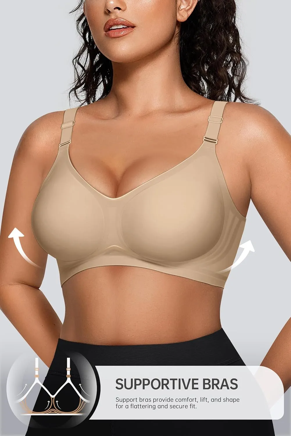OEAK Womens Seamless Bras Comfortable Bra No Underwire Full Support Bralette Push Up Plus Size V Neck Sleeping Tshirt Bras