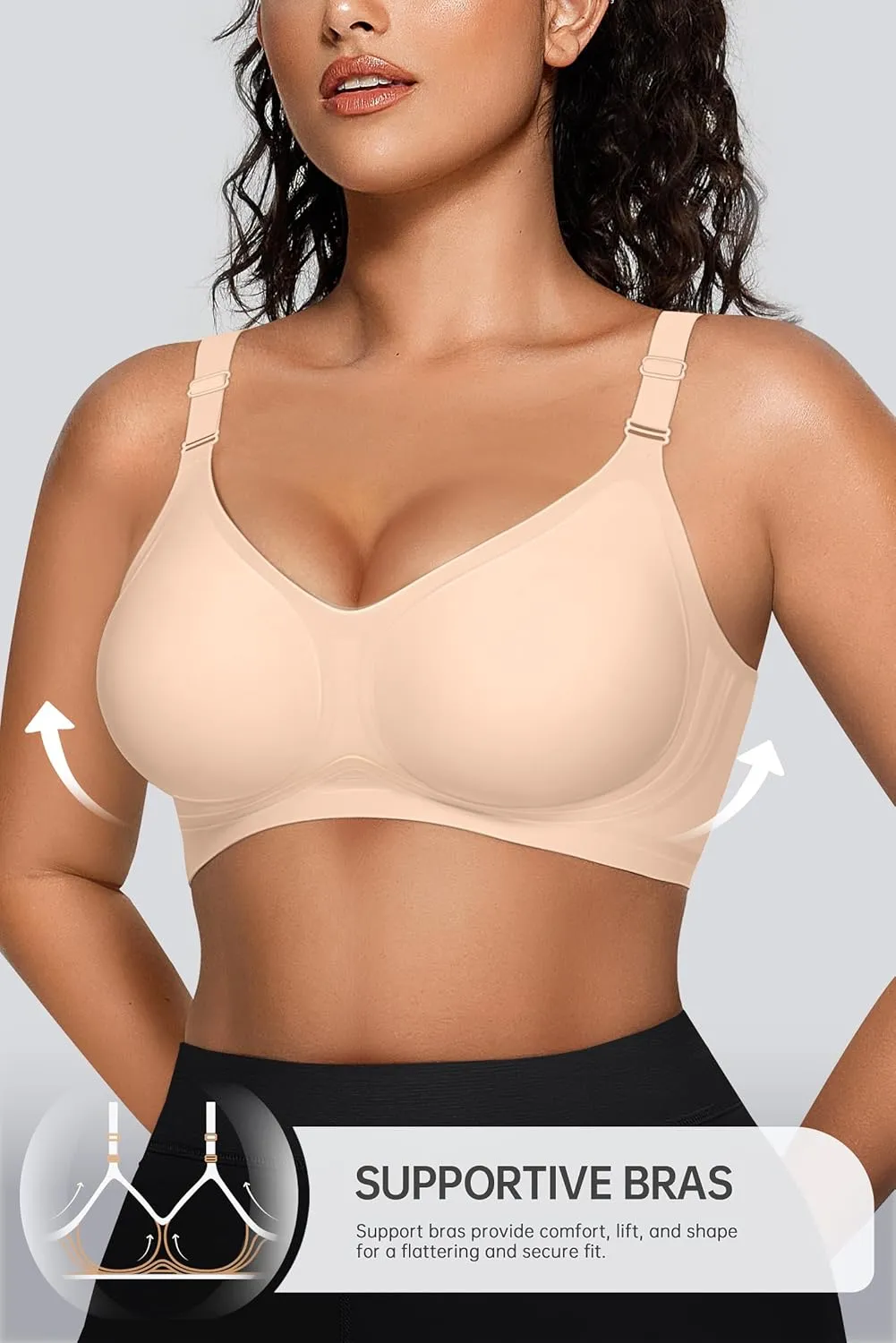 OEAK Womens Seamless Bras Comfortable Bra No Underwire Full Support Bralette Push Up Plus Size V Neck Sleeping Tshirt Bras