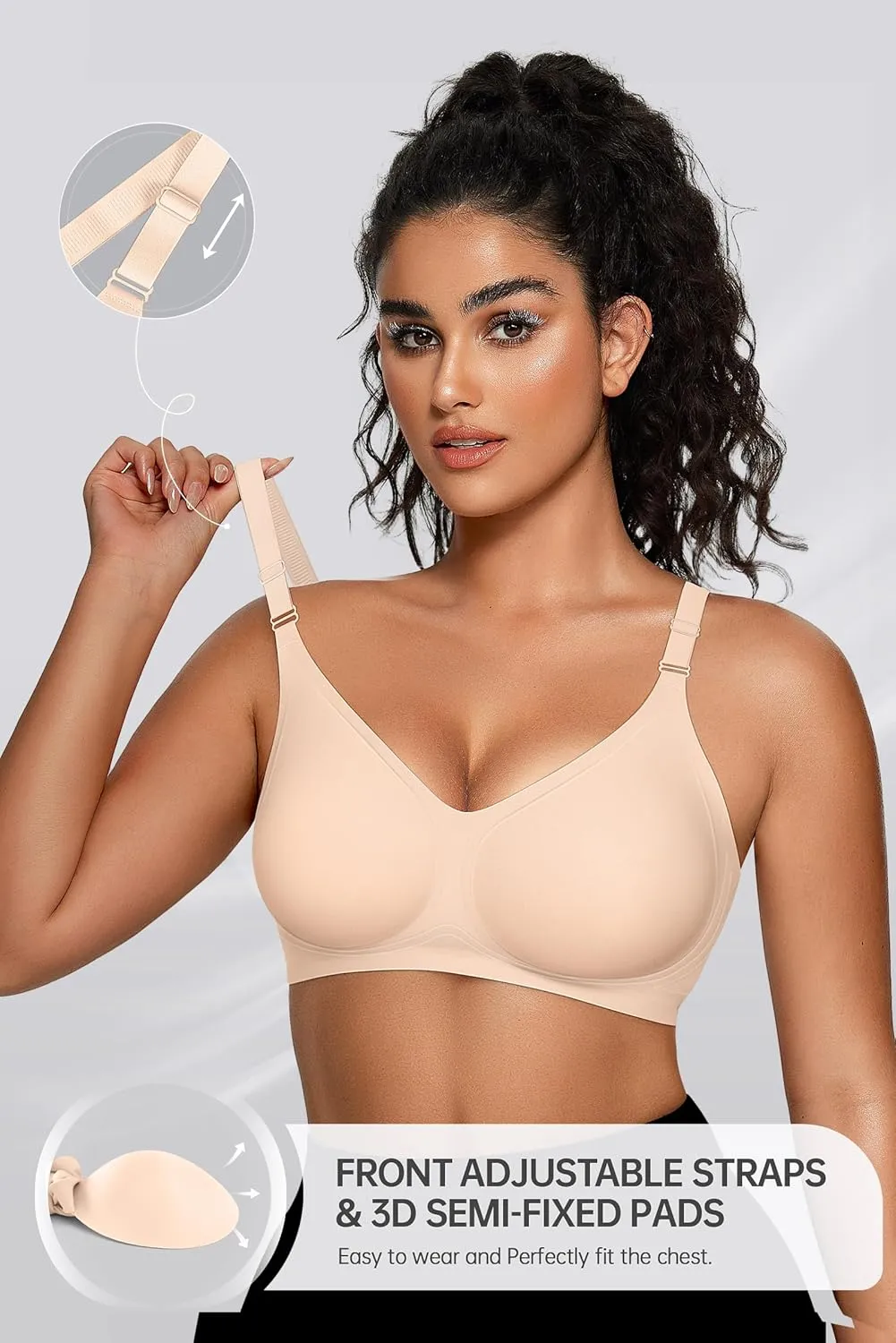 OEAK Womens Seamless Bras Comfortable Bra No Underwire Full Support Bralette Push Up Plus Size V Neck Sleeping Tshirt Bras