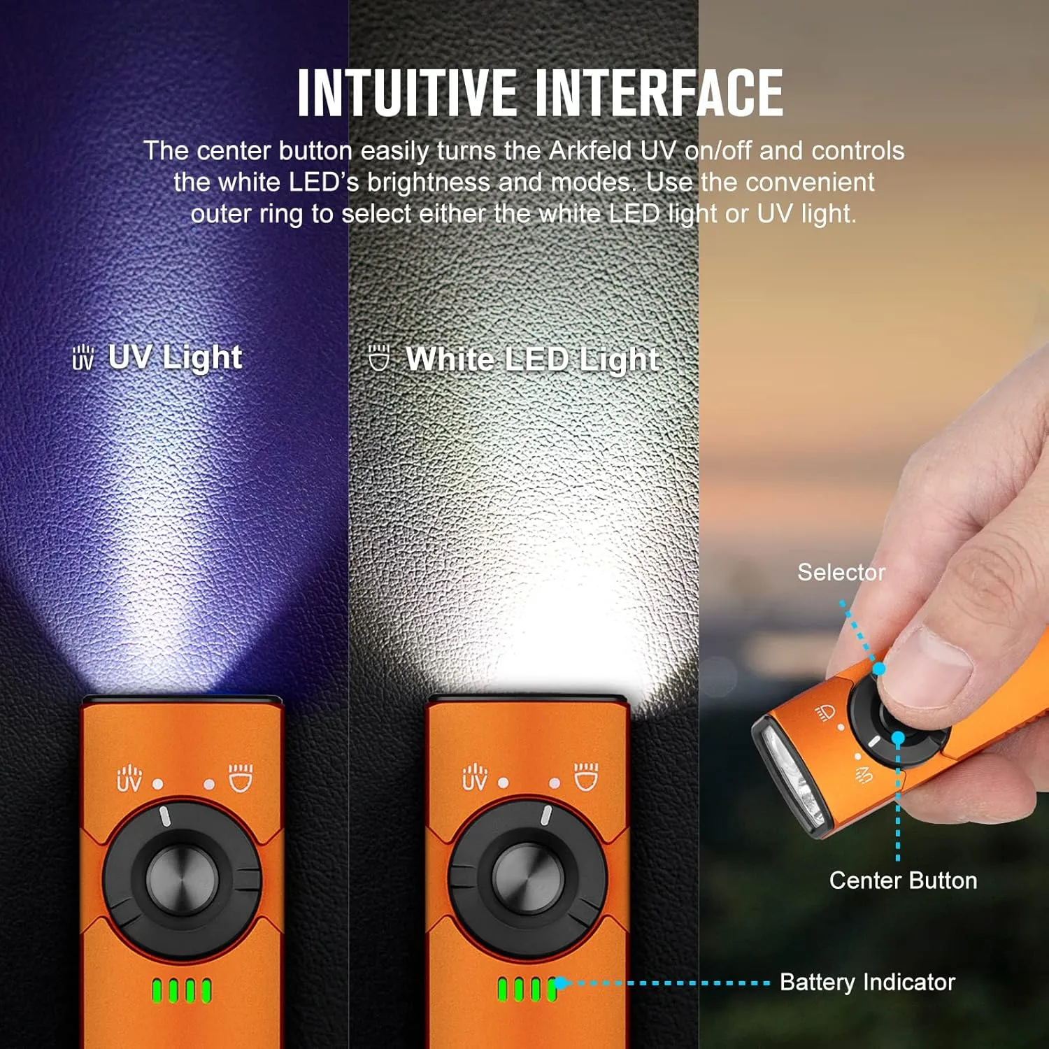 OLIGHT Arkfeld UV Rechargeable EDC Flashlight, 1000 Lumens White LED and 365nm Blacklight Combo for Outdoors, Emergency, Working, Pet Urine Detection (Orange NW)