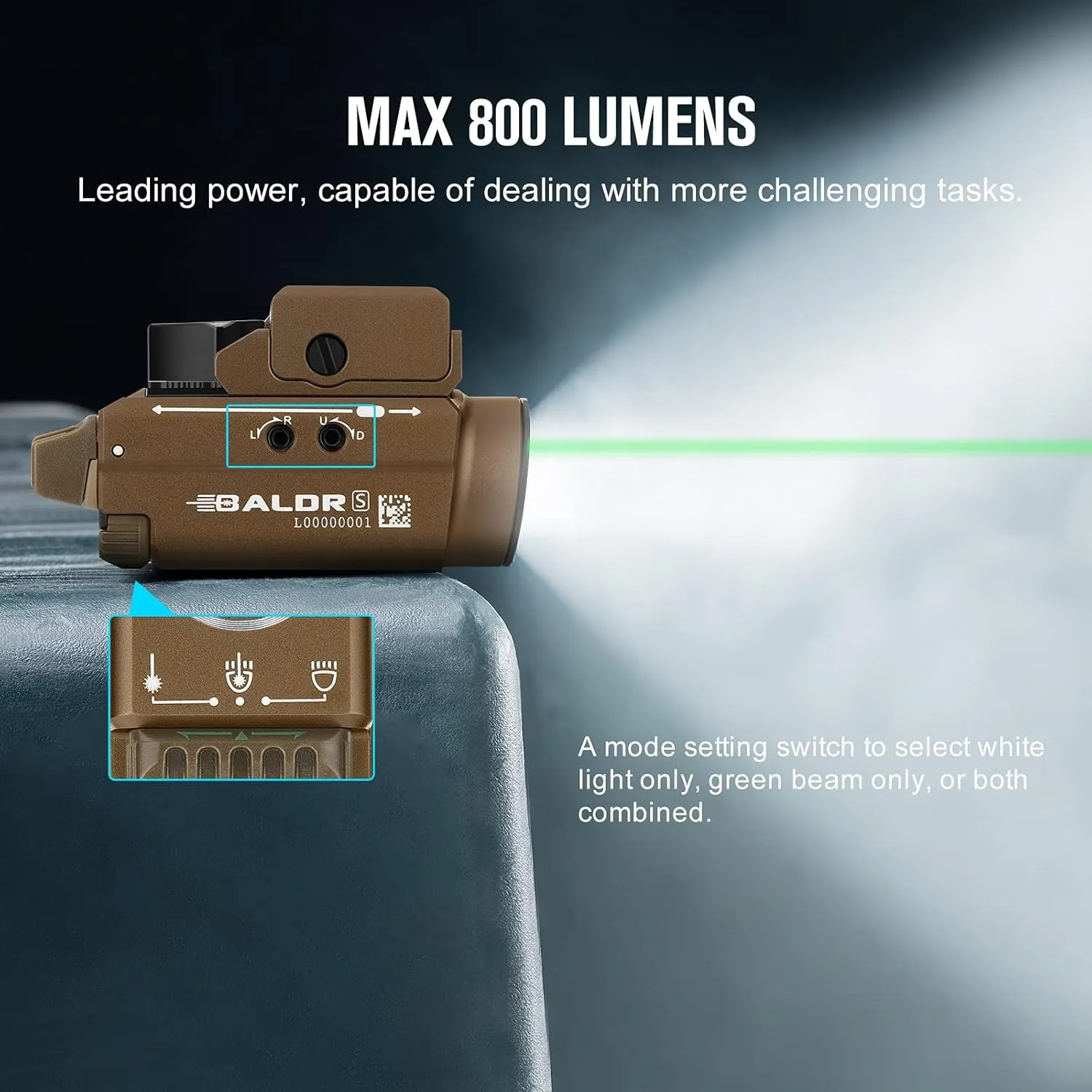 OLIGHT Baldr S 800 Lumens Compact Rail Mount Weaponlight with Green Beam and White LED Combo, Magnetic USB Rechargeable Tactical Flashlight with 1913 or GL Rail, Battery Included (Desert Tan)