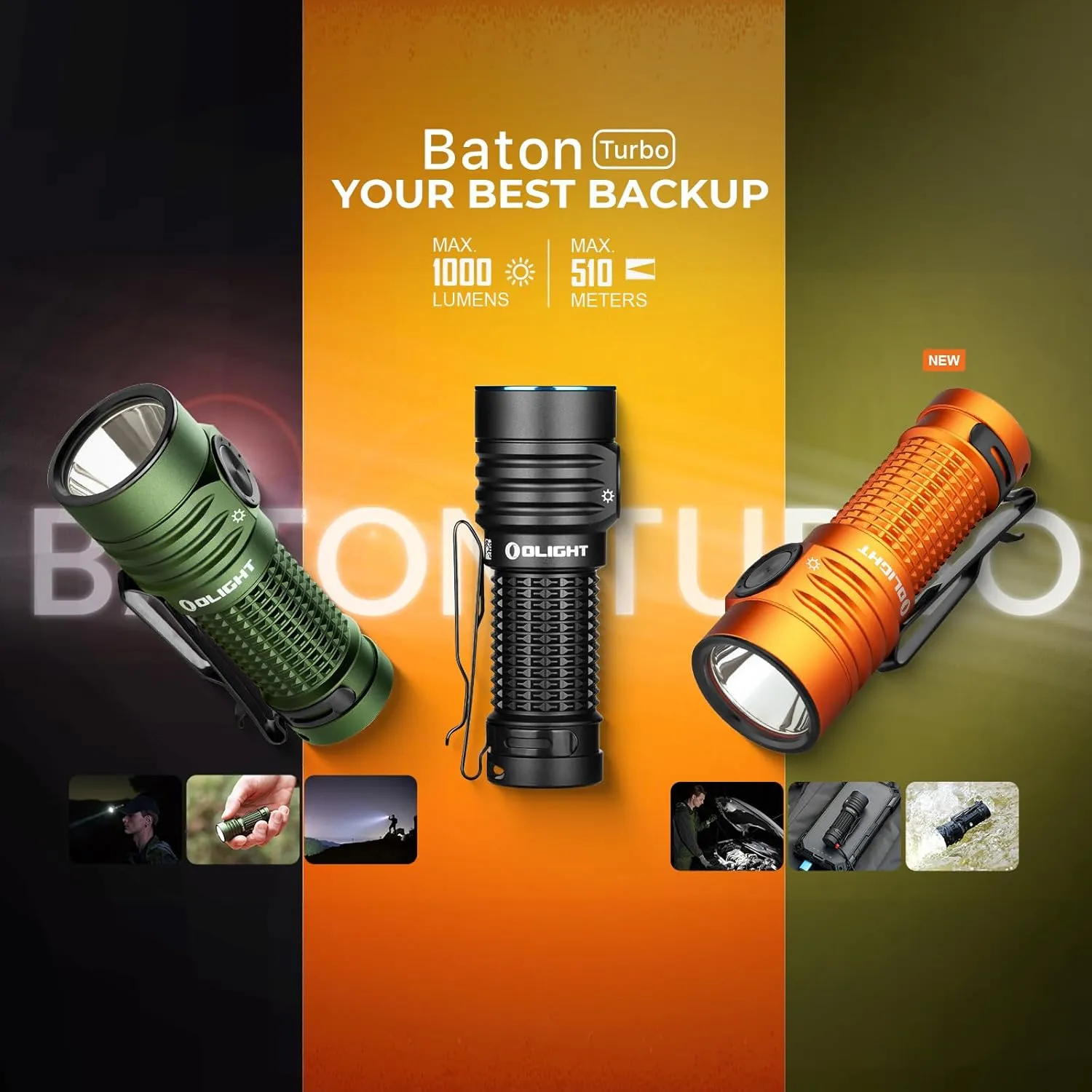 OLIGHT BatonTurbo EDC Rechargeable Flashlight 1000 Lumens, Compact Dual-Switches LED Bright Pocket with 510 Meters Long Throw for Search, Rescue and Emergency (Orange)