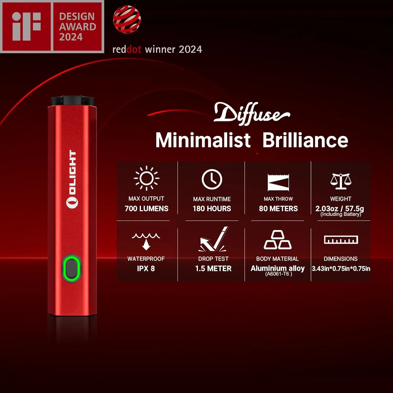 OLIGHT Diffuse Rechargeable EDC Pocket Keychain Flashlight, 700 Lumens USB-C Charging, High-Performance LED AA Flashlight for Outdoor and Night Working(Red)