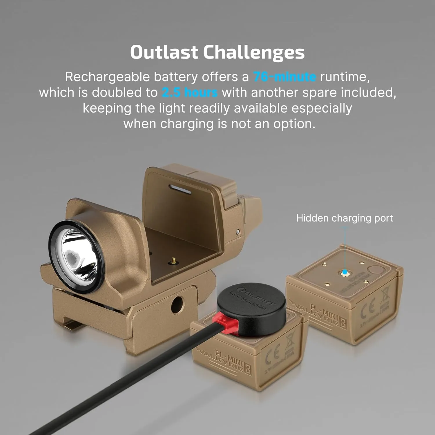 OLIGHT PL-Mini 3 Valkyrie 600 Lumens Compact Tactical Picatinny/GL/Hellcat Rail-Mounted Weaponlight with Two Included Rechargeable and Removable Battery, Pistol Light with Strobe Mode (Desert Tan)