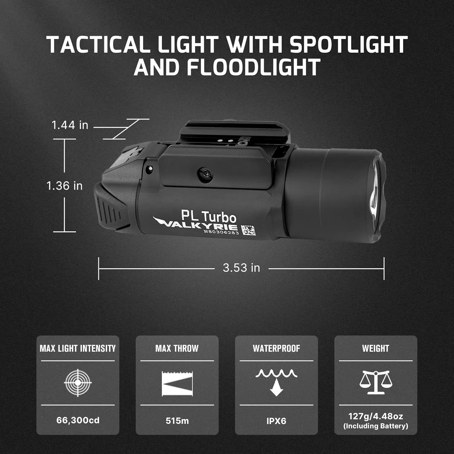 OLIGHT PL Turbo Weaponlight, 800-Lumen 515 Meters Long-Range Tactical Flashlight, 66,300 High Candela Compact Rail-Mounted Light with Strobe Function and Rail Locating Keys, Fits Picatinny and GL Rail