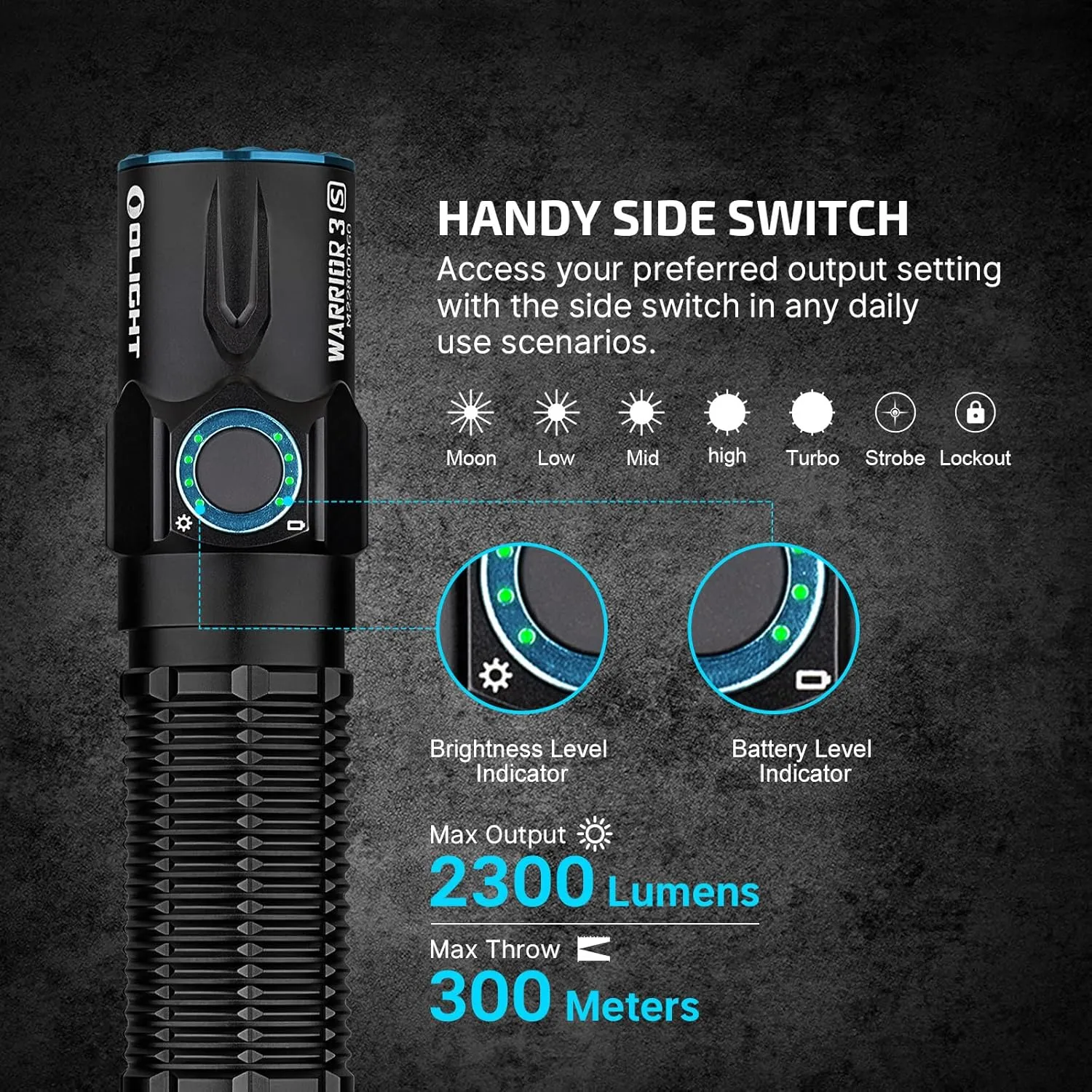 OLIGHT Warrior 3S 2300 Lumens Rechargeable Tactical Flashlight, Compact Dual-Switches LED Bright Light with Proximity Sensor, Powered by Customized Battery for Emergency, EDC and Searching (Black)