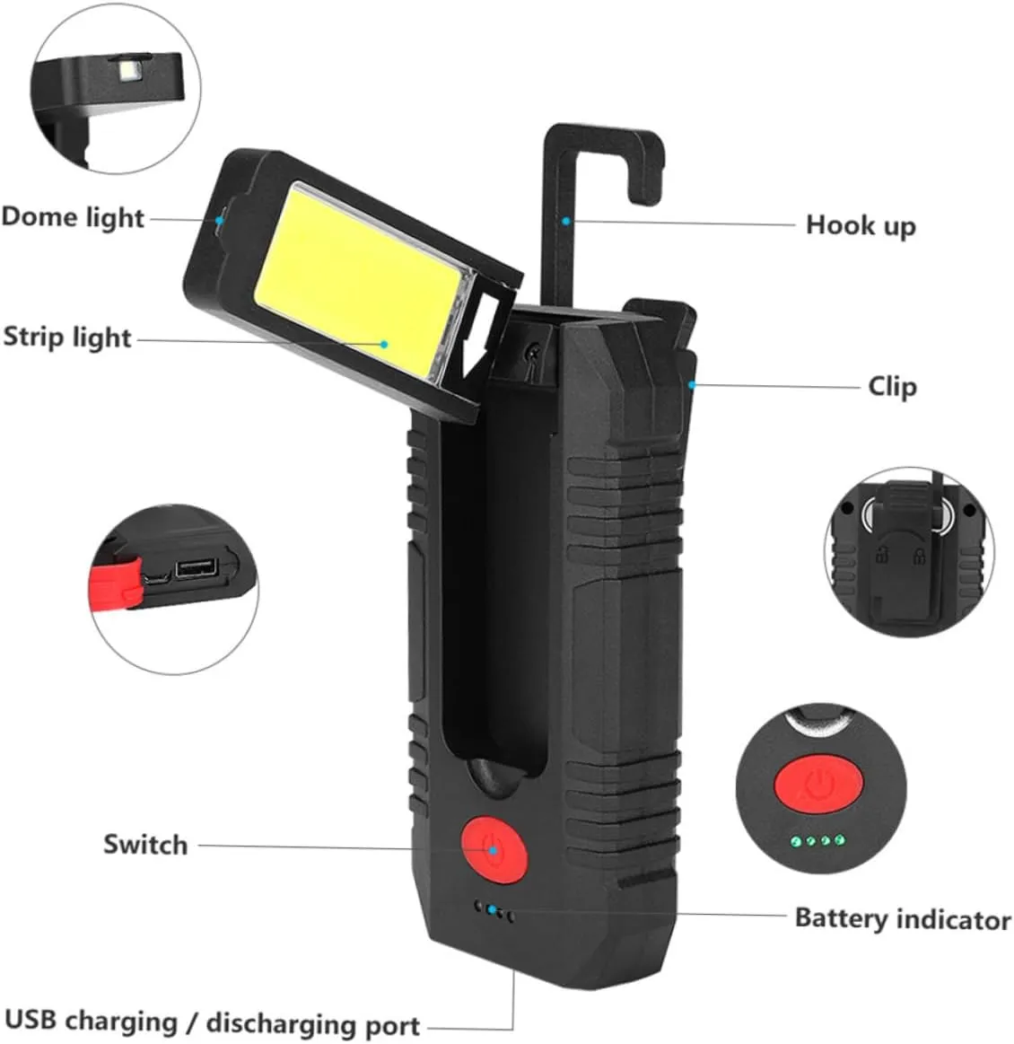 Operitacx Portable USB Rechargeable Cob with Magnetic Clip LED Camping Lamp Multi Function Flashlight with Battery Indicator for Emergency Situations