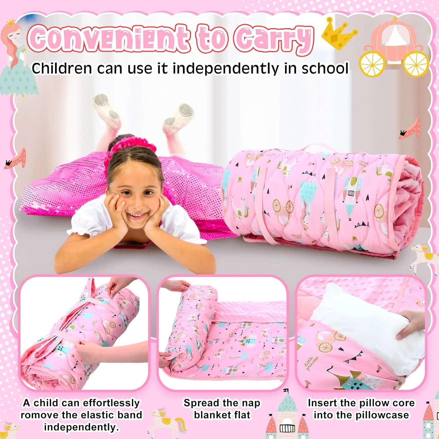 Oudain Toddler Nap Mat with Pillow and Blanket 55'' x 29'' Extra Large Kids Sleeping Mat Roll up Cotton Daycare Sleeping Bag for Kindergarten Preschool Travel Camping