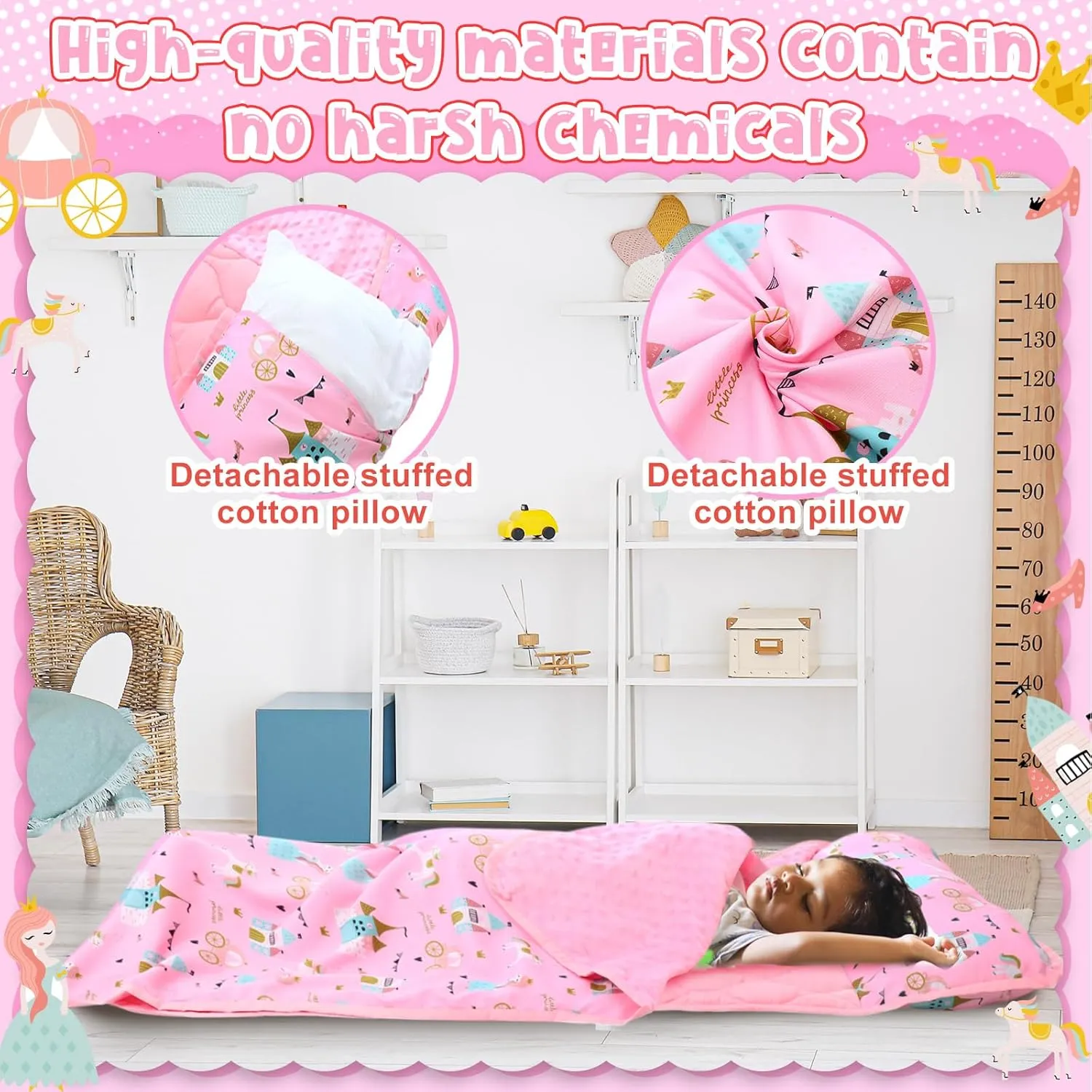 Oudain Toddler Nap Mat with Pillow and Blanket 55'' x 29'' Extra Large Kids Sleeping Mat Roll up Cotton Daycare Sleeping Bag for Kindergarten Preschool Travel Camping