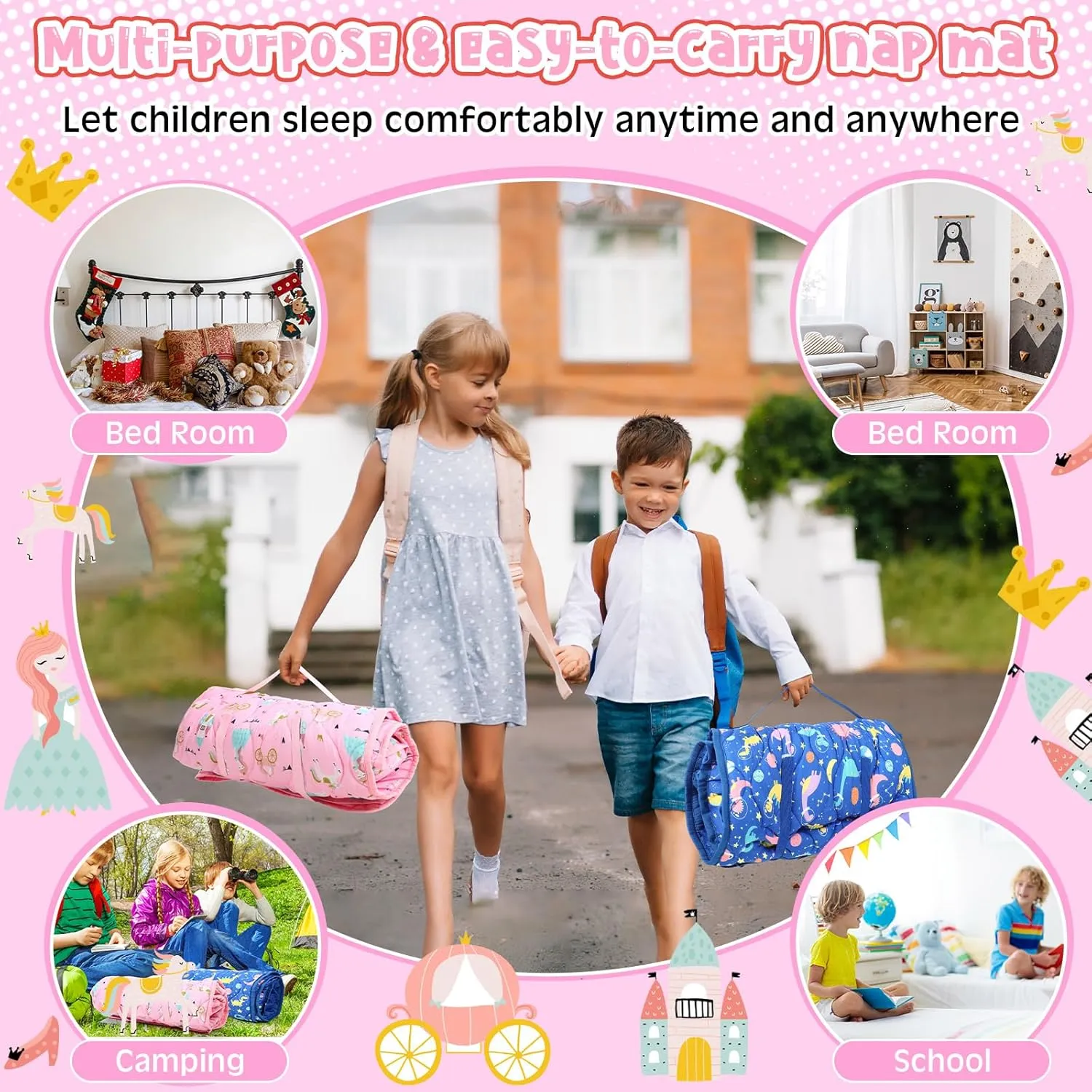 Oudain Toddler Nap Mat with Pillow and Blanket 55'' x 29'' Extra Large Kids Sleeping Mat Roll up Cotton Daycare Sleeping Bag for Kindergarten Preschool Travel Camping