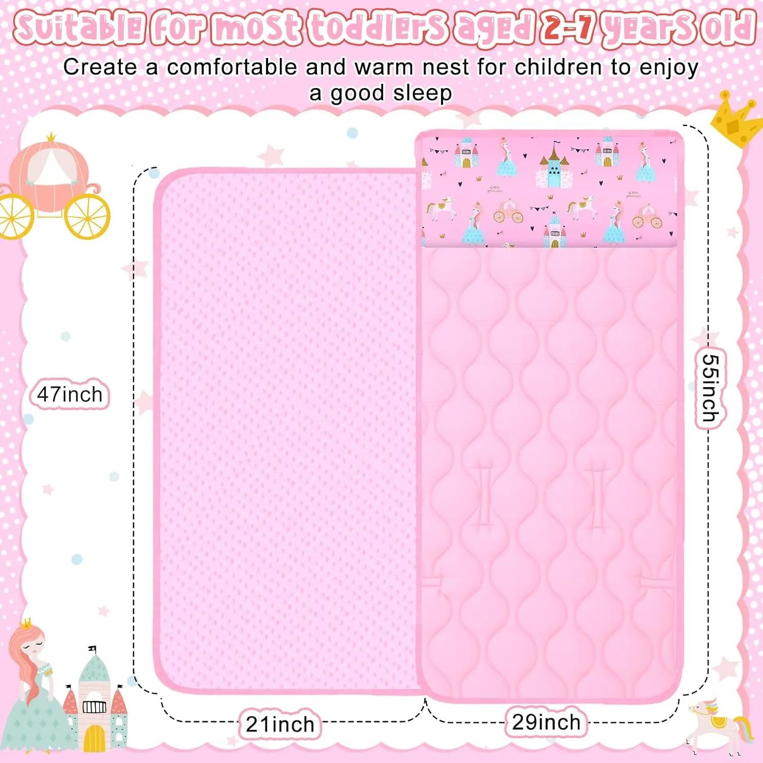 Oudain Toddler Nap Mat with Pillow and Blanket 55'' x 29'' Extra Large Kids Sleeping Mat Roll up Cotton Daycare Sleeping Bag for Kindergarten Preschool Travel Camping