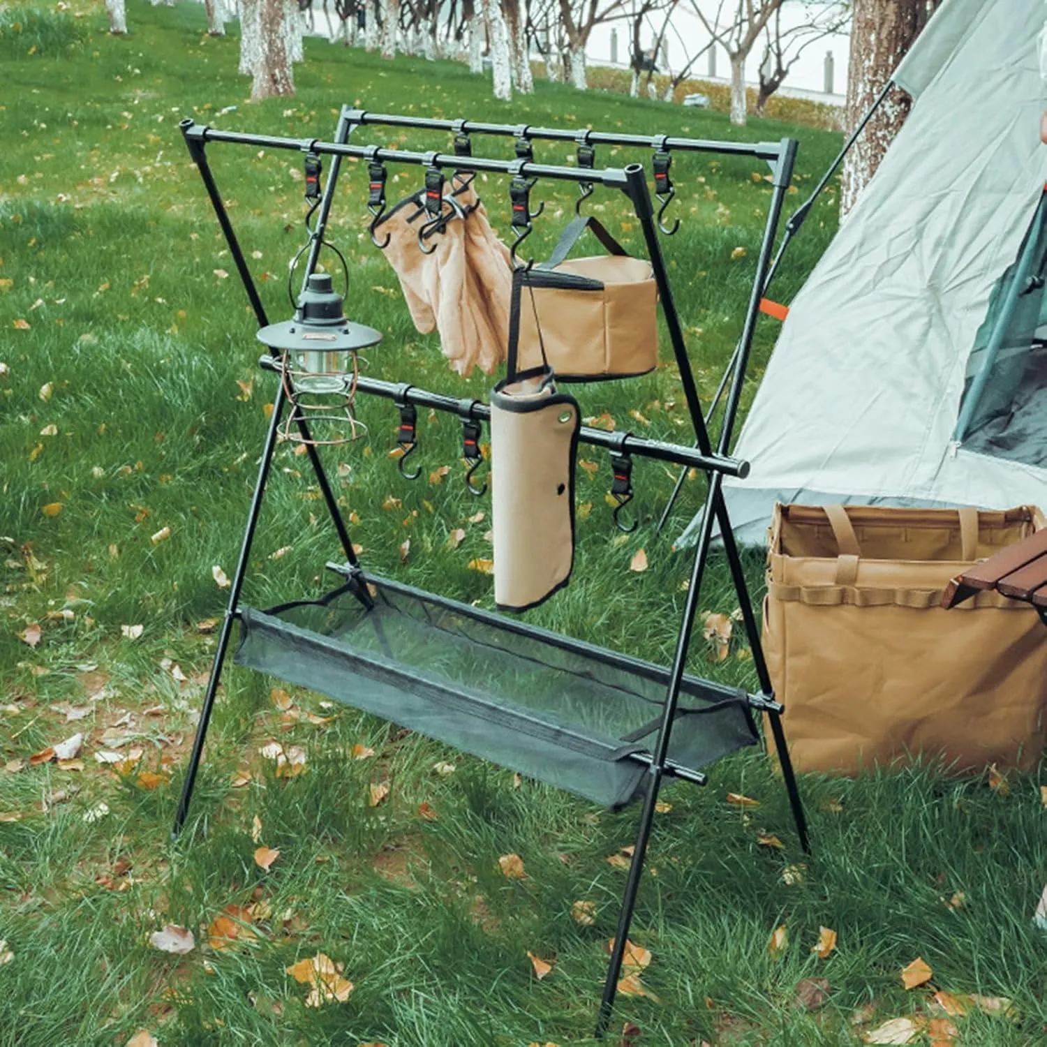 Outdoor Camping Hanging Rack Foldable Lightweight Triangular Storage Rack Double Layer Storage with Mesh Bag Portable Hanging Cooking Grill Rack with 12 Hooks for BBQ Picnic Cookware Party