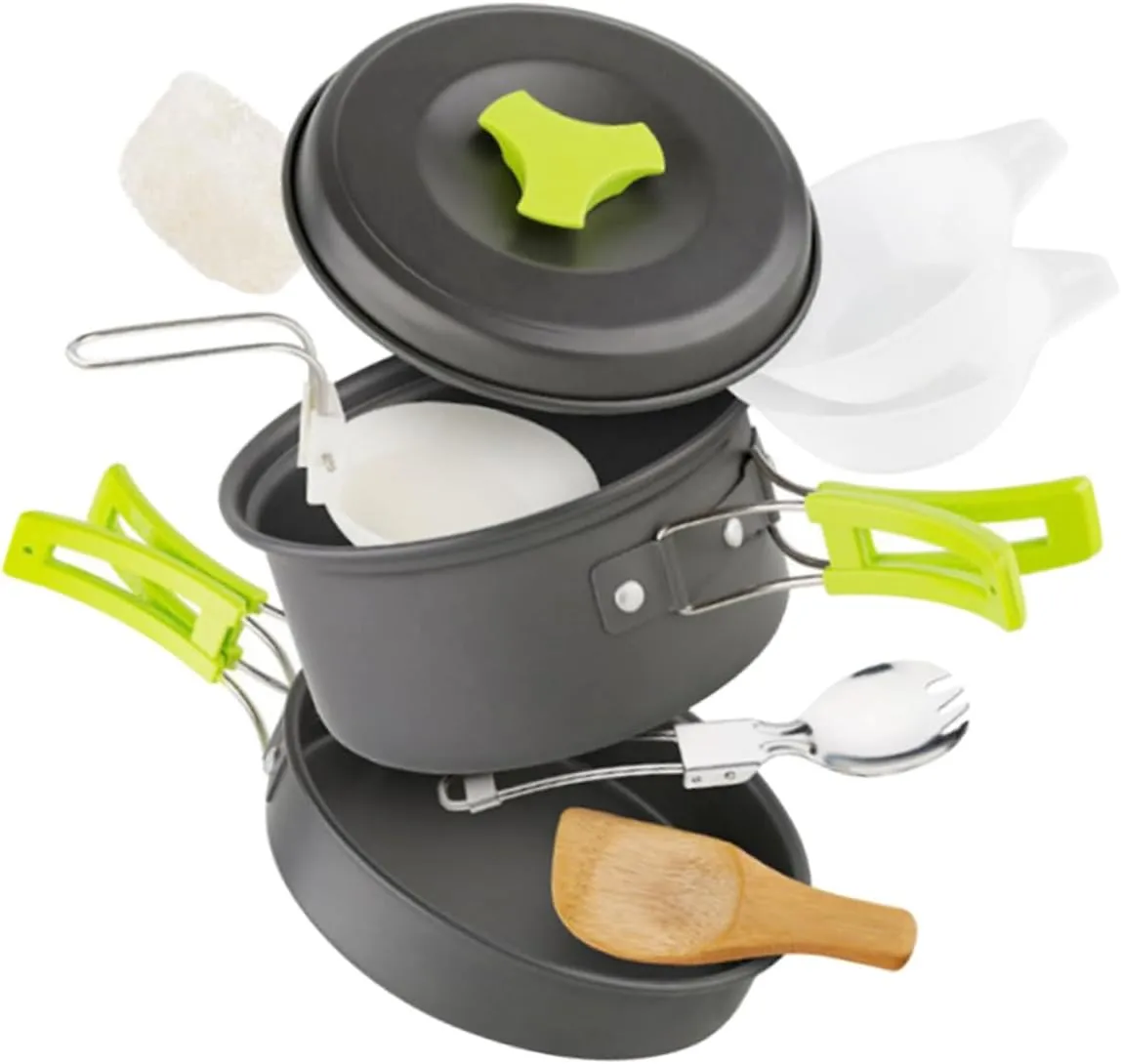 Outdoor Camping Pot Set 1-2 Person Cookware Nonstick Aluminum Skid-Resistant Handles Collapsible Design Easy to Clean