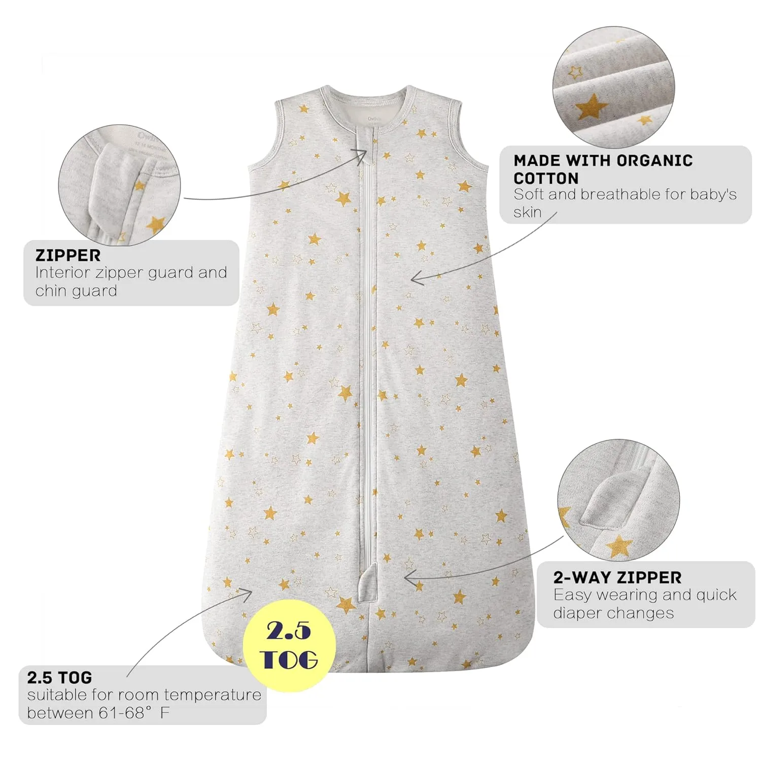Owlivia Baby Sleep Sack Organic Cotton Sleeping Bag with- 2.5tog Sleeping Bag with 2-Way Zipper, Boys Girls Swaddle Transition Sleep Sack(2.5tog Golden Star, 12-18 Months)