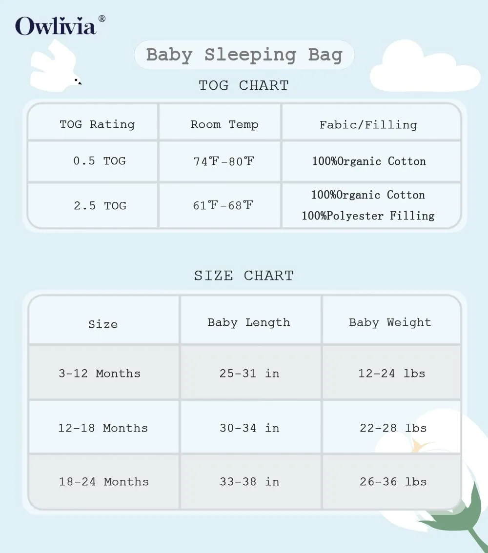 Owlivia Baby Sleep Sack Organic Cotton Sleeping Bag with- 2.5tog Sleeping Bag with 2-Way Zipper, Boys Girls Swaddle Transition Sleep Sack(2.5tog Golden Star, 12-18 Months)