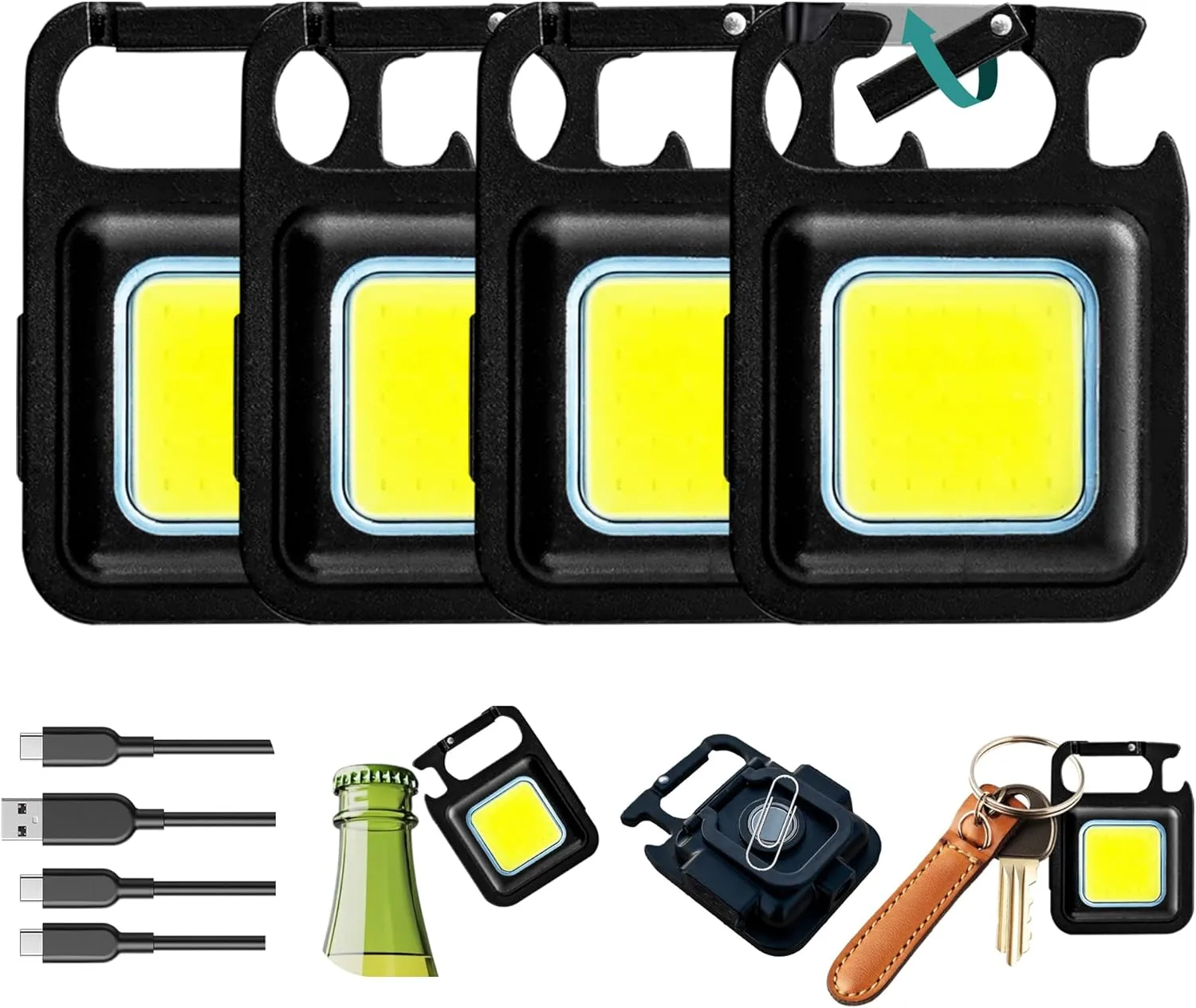 (PACK OF 4)Cob Keychain Flashlight with Bottle Opener-Rechargeable flashlight EDC Gear for Men ,Clip On Flashlight, LED Keychain Light for work light, Camping, and Pet Walking,collar dog light