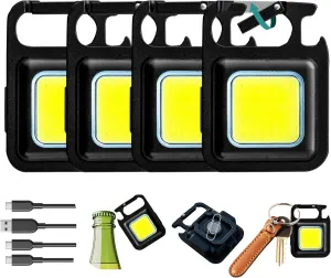 (PACK OF 4)Cob Keychain Flashlight with Bottle Opener-Rechargeable flashlight EDC Gear for Men ,Clip On Flashlight, LED Keychain Light for work light, Camping, and Pet Walking,collar dog light