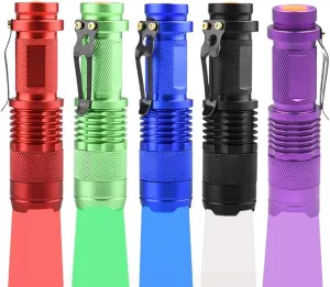 (Pack of 5 Multicolored Single Mode Flashlight: Red Light Flashlight, Blue Light Flashlight, Green Light Flashlight, 395 UV Light Flashlight, White LED Light Flashlight