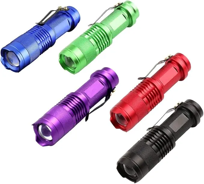 (Pack of 5 Multicolored Single Mode Flashlight: Red Light Flashlight, Blue Light Flashlight, Green Light Flashlight, 395 UV Light Flashlight, White LED Light Flashlight