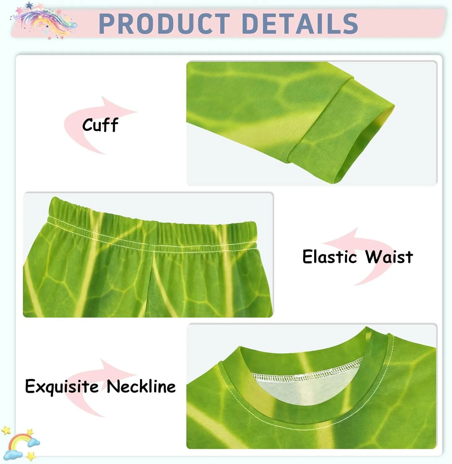 Pajama Sets Long Sleeve Green Cabbage Leaf Soft Comfy Sleepwear 2 Piece PJS 3-8T