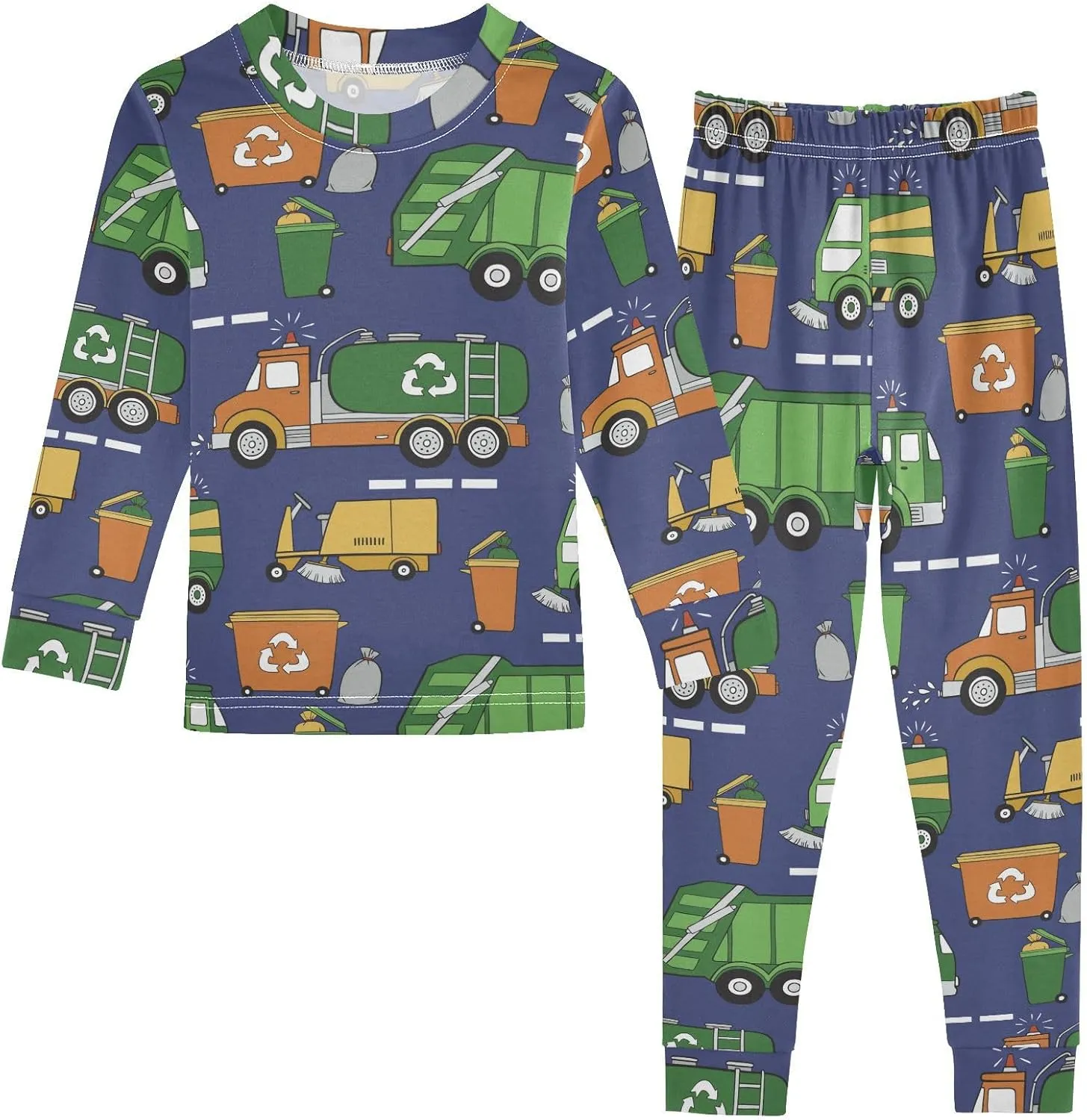 Pajama Sets Long Sleeve Hand Drawn Garbage Trucks Soft Comfy Sleepwear 2 Piece PJS 3-8T