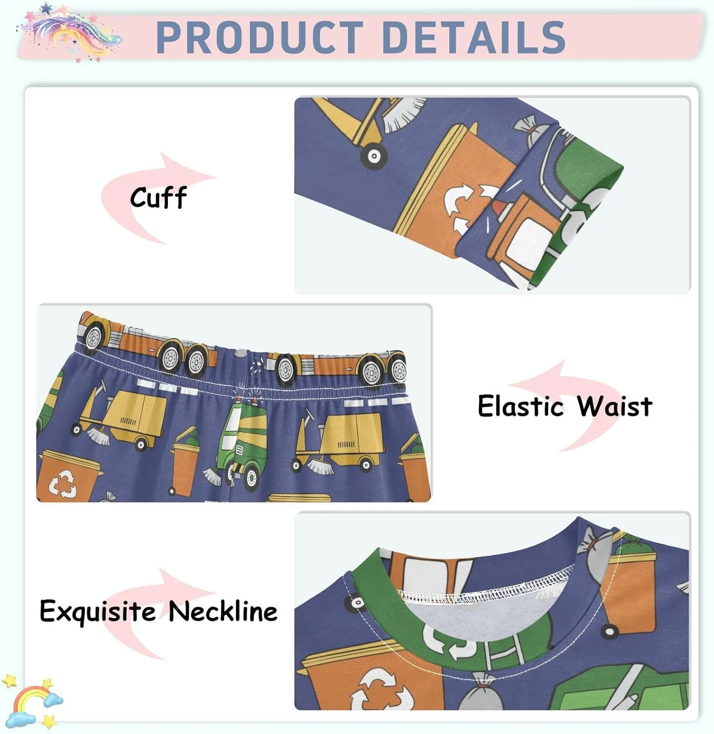 Pajama Sets Long Sleeve Hand Drawn Garbage Trucks Soft Comfy Sleepwear 2 Piece PJS 3-8T