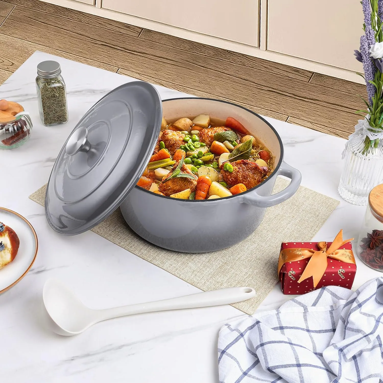 P&P CHEF 6 Quart Enameled Dutch Oven with Lid, Cast Iron Dutch Oven Pot, Enamel Round Cooking Stock Pot for Braising, Stewing, Roasting, Baking, Fit Various Stoves, (6 QT, Grey)