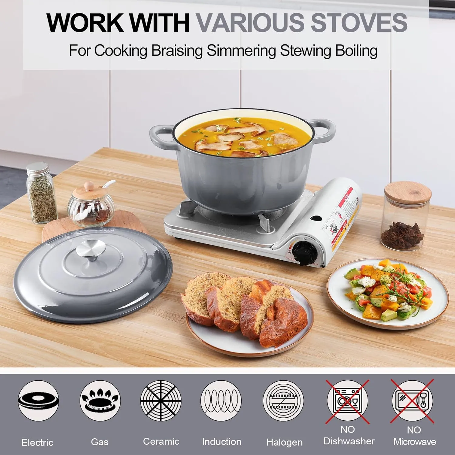P&P CHEF 6 Quart Enameled Dutch Oven with Lid, Cast Iron Dutch Oven Pot, Enamel Round Cooking Stock Pot for Braising, Stewing, Roasting, Baking, Fit Various Stoves, (6 QT, Grey)