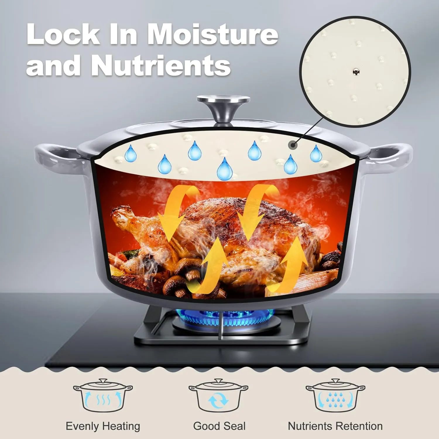 P&P CHEF 6 Quart Enameled Dutch Oven with Lid, Cast Iron Dutch Oven Pot, Enamel Round Cooking Stock Pot for Braising, Stewing, Roasting, Baking, Fit Various Stoves, (6 QT, Grey)